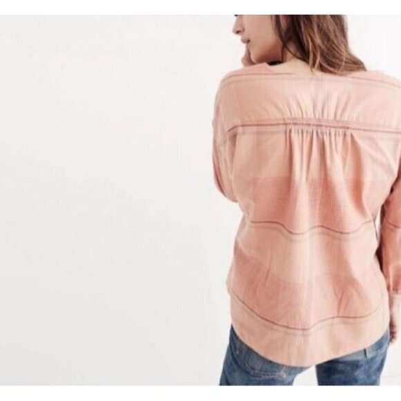 Madewell Top Womens Medium Orange Plaid V Neck Button Up Puffy Sleeve Boho Boxy - Picture 5 of 10